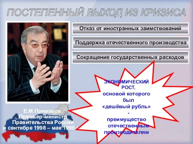 Е.М.Примаков. Премьер-министр Правительства России в сентябре 1998 – мае 1999