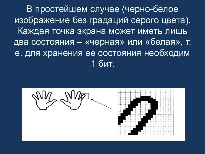 В простейшем случае (черно-белое изображение без градаций серого цвета). Каждая