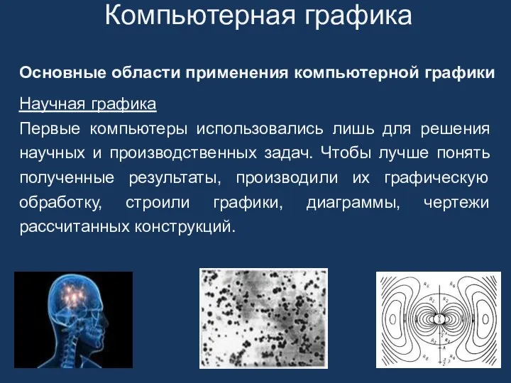 Основные области применения компьютерной графики Научная графика Первые компьютеры использовались