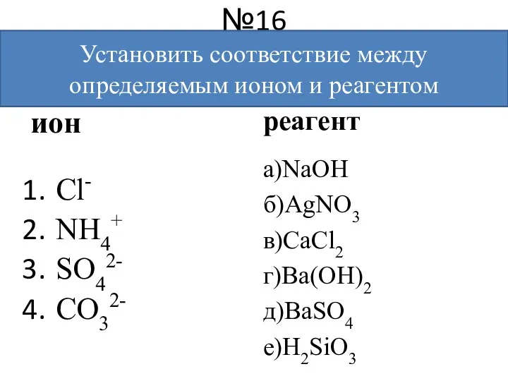 №16 ион Cl- NH4+ SO42- CO32- реагент а)NaOH б)AgNO3 в)CaCl2