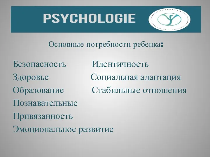 Основные потребности ребенка: Безопасность Идентичность Здоровье Социальная адаптация Образование Стабильные отношения Познавательные Привязанность Эмоциональное развитие