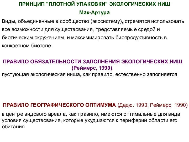 ПРИНЦИП "ПЛОТНОЙ УПАКОВКИ" ЭКОЛОГИЧЕСКИХ НИШ Мак-Артура Виды, объединенные в сообщество