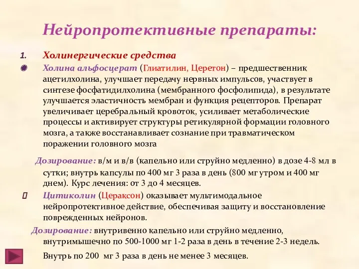 Нейропротективные препараты: Холинергические средства Холина альфосцерат (Глиатилин, Церетон) – предшественник