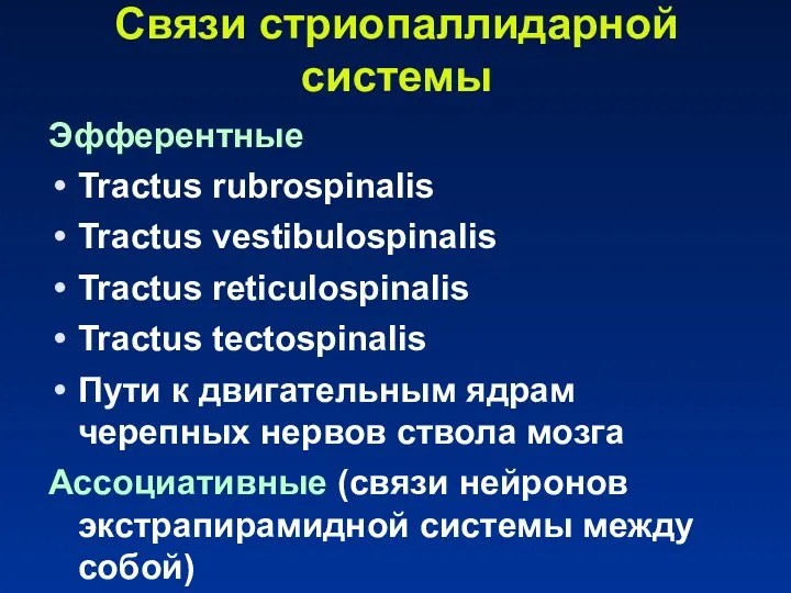 Связи стриопаллидарной системы Эфферентные Tractus rubrospinalis Tractus vestibulospinalis Tractus reticulospinalis Tractus tectospinalis Пути