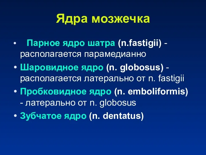 Ядра мозжечка Парное ядро шатра (n.fastigii) - располагается парамедианно Шаровидное ядро (n. globosus)