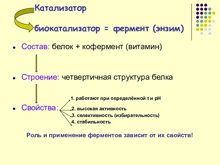 Катализатор биокатализатор = фермент (энзим) Состав: белок + кофермент (витамин)