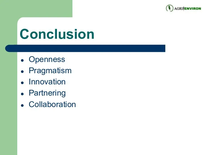 Conclusion Openness Pragmatism Innovation Partnering Collaboration