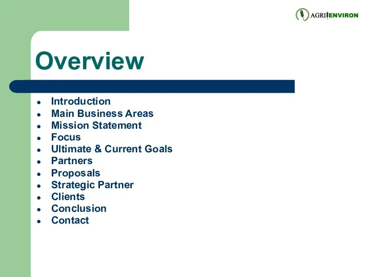 Overview Introduction Main Business Areas Mission Statement Focus Ultimate & Current Goals Partners