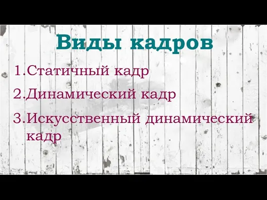 Виды кадров 1.Статичный кадр 2.Динамический кадр 3.Искусственный динамический кадр