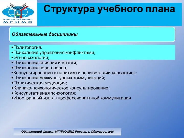 Структура учебного плана Обязательные дисциплины Политология; Психология управления конфликтами; Этнопсихология;