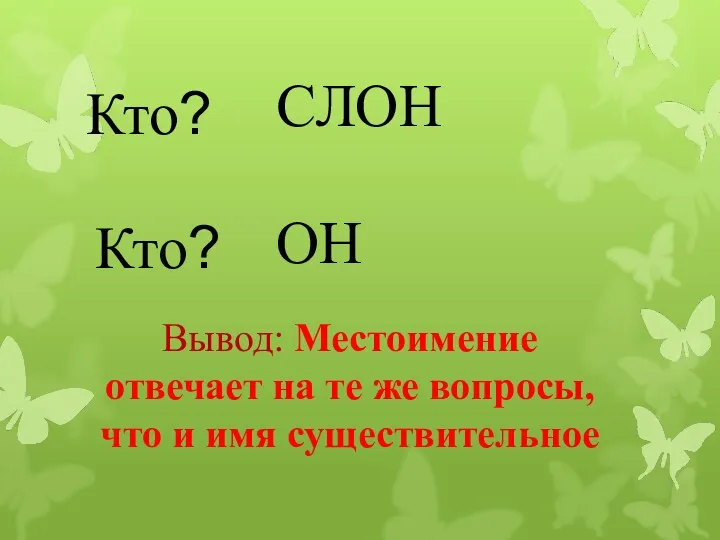 Кто? СЛОН Кто? ОН Вывод: Местоимение отвечает на те же вопросы, что и имя существительное