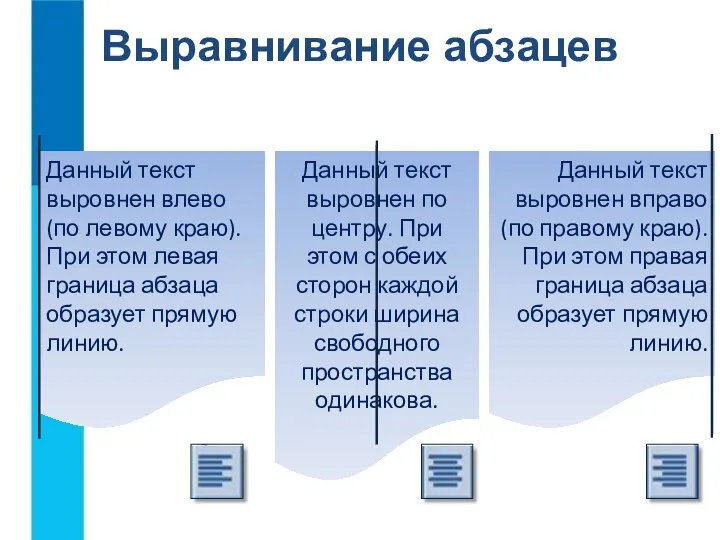 Выравнивание абзацев Данный текст выровнен влево (по левому краю). При