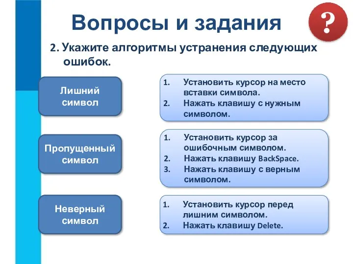 Вопросы и задания 2. Укажите алгоритмы устранения следующих ошибок. ?