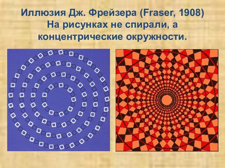 Иллюзия Дж. Фрейзера (Fraser, 1908) На рисунках не спирали, а концентрические окружности.