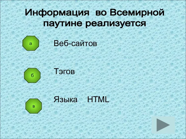 б в Веб-сайтов Тэгов Языка HTML Информация во Всемирной паутине реализуется а