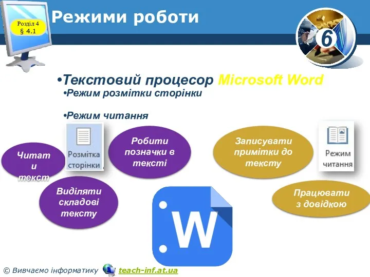 Режими роботи Текстовий процесор Microsoft Word Режим розмітки сторінки Режим