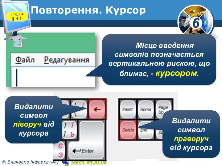 Повторення. Курсор Місце введення символів позначається вертикальною рискою, що блимає,