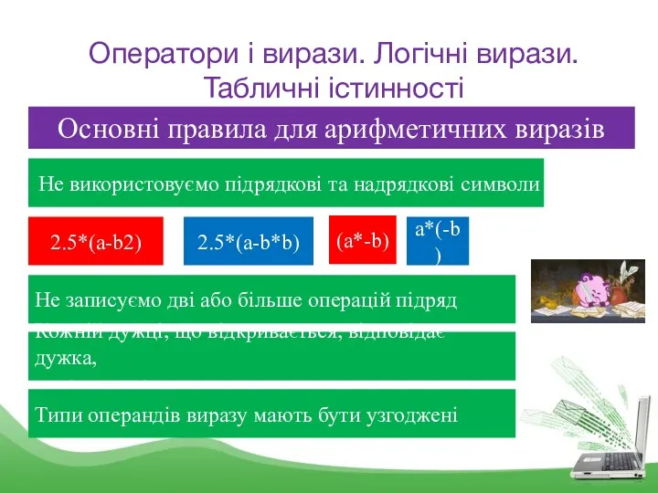 Оператори і вирази. Логічні вирази. Табличні істинності Основні правила для