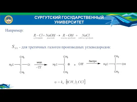 СУРГУТСКИЙ ГОСУДАРСТВЕННЫЙ УНИВЕРСИТЕТ Например: - для третичных галоген производных углеводородов: