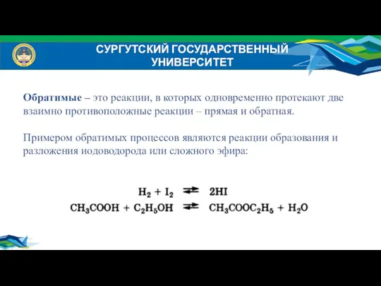 СУРГУТСКИЙ ГОСУДАРСТВЕННЫЙ УНИВЕРСИТЕТ Обратимые – это реакции, в которых одновременно