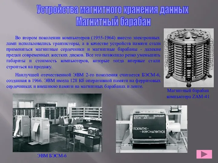 Устройства магнитного хранения данных Во втором поколении компьютеров (1955-1964) вместо электронных ламп использовались