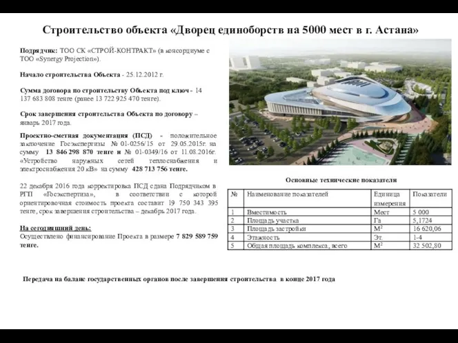 Строительство объекта «Дворец единоборств на 5000 мест в г. Астана»
