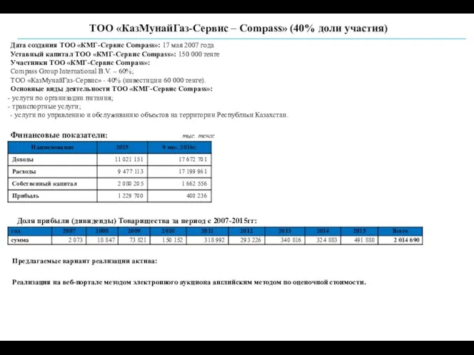 Дата создания ТОО «КМГ-Сервис Compass»: 17 мая 2007 года Уставный