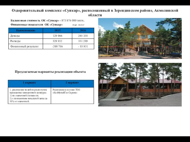 Оздоровительный комплекс «Сункар», расположенный в Зерендинском районе, Акмолинской области Балансовая