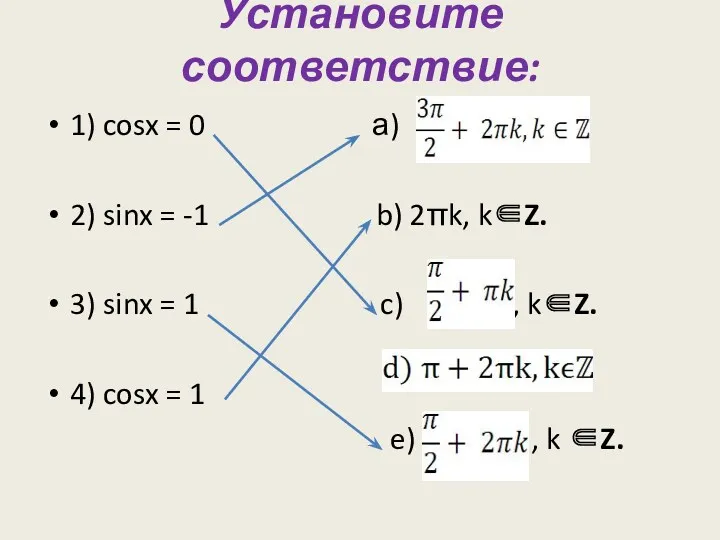 Установите соответствие: 1) cosx = 0 а) 2) sinx = -1 b) 2πk,