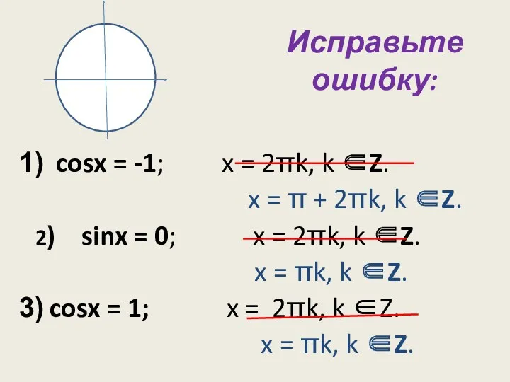 Исправьте ошибку: cosx = -1; x = 2πk, k ∈Z. x = π