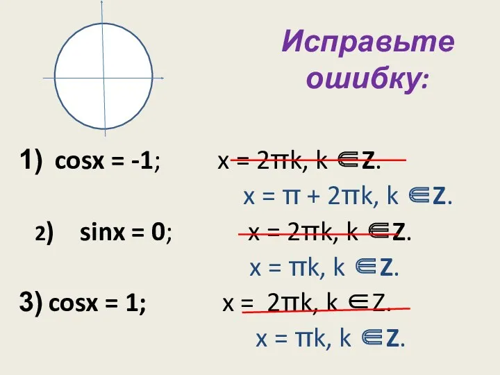 Исправьте ошибку: cosx = -1; x = 2πk, k ∈Z.