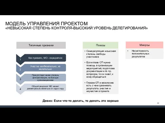 МОДЕЛЬ УПРАВЛЕНИЯ ПРОЕКТОМ «НЕВЫСОКАЯ СТЕПЕНЬ КОНТРОЛЯ-ВЫСОКИЙ УРОВЕНЬ ДЕЛЕГИРОВАНИЯ» Несистемность положительных