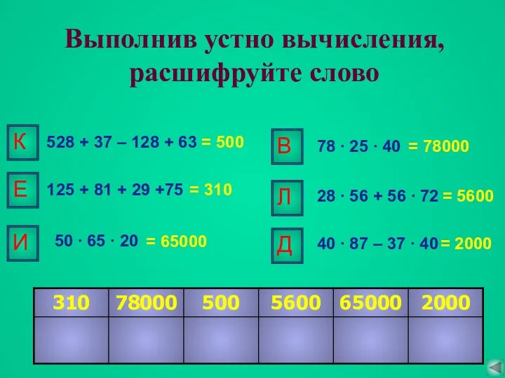 Выполнив устно вычисления, расшифруйте слово 528 + 37 – 128