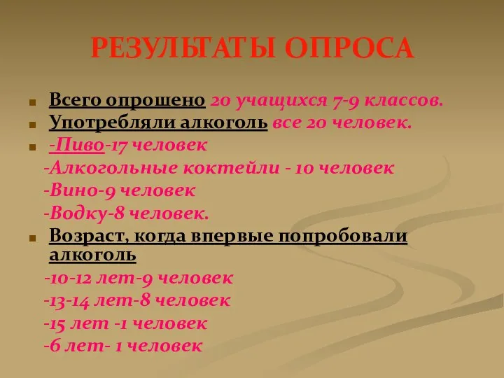 РЕЗУЛЬТАТЫ ОПРОСА Всего опрошено 20 учащихся 7-9 классов. Употребляли алкоголь