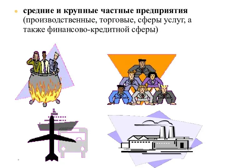 * средние и крупные частные предприятия (производственные, торговые, сферы услуг, а также финансово-кредитной сферы)