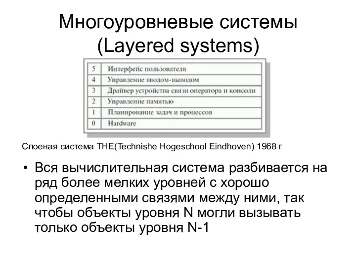 Многоуровневые системы (Layered systems) Вся вычислительная система разбивается на ряд более мелких уровней