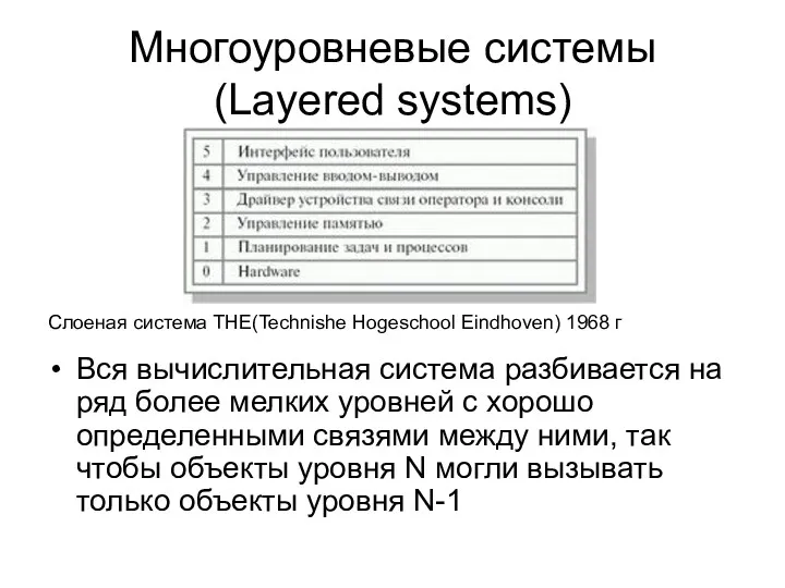 Многоуровневые системы (Layered systems) Вся вычислительная система разбивается на ряд