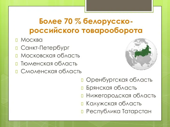 Более 70 % белорусско-российского товарооборота Москва Санкт-Петербург Московская область Тюменская