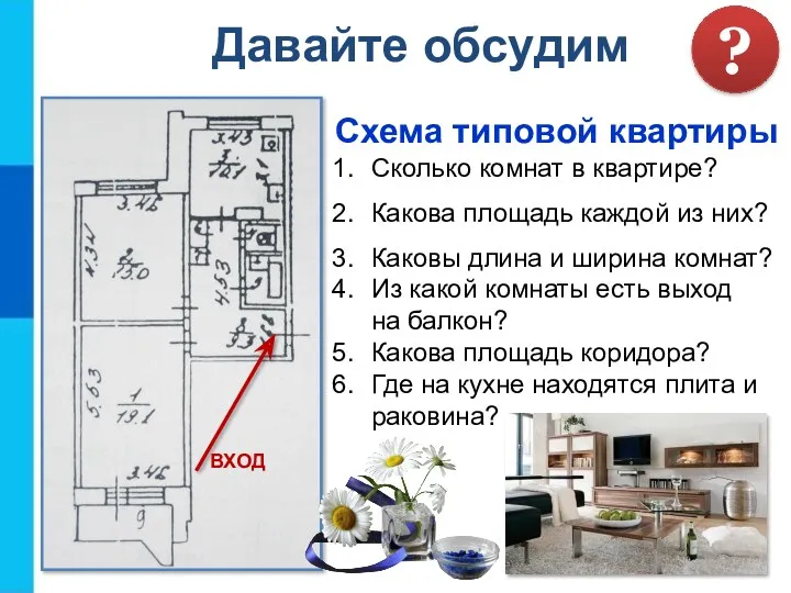 Схема типовой квартиры ВХОД Сколько комнат в квартире? Какова площадь каждой из них?
