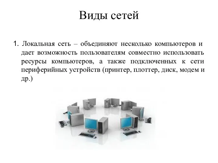 Виды сетей 1. Локальная сеть – объединяют несколько компьютеров и