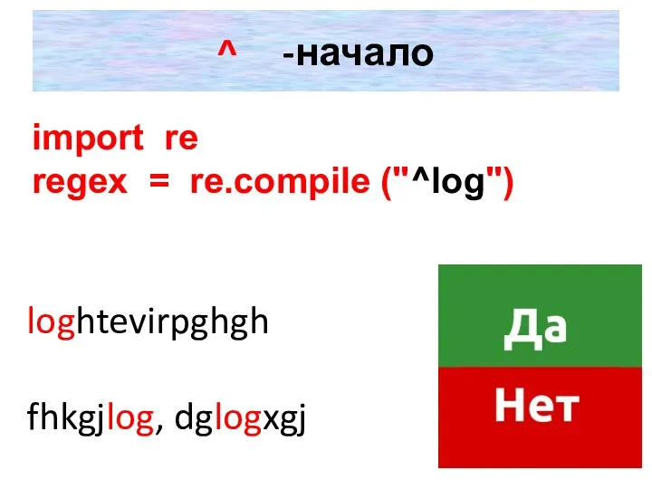 ^ -начало loghtevirpghgh fhkgjlog, dglogxgj import re regex = re.compile ("^log")