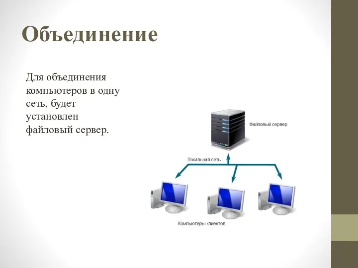 Объединение Для объединения компьютеров в одну сеть, будет установлен файловый сервер.