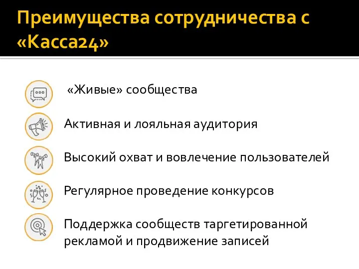 Преимущества сотрудничества с «Касса24» «Живые» сообщества Активная и лояльная аудитория