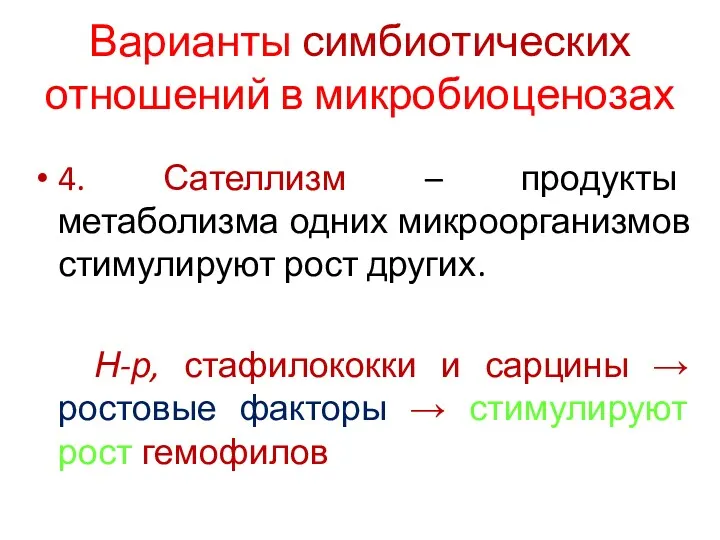 Варианты симбиотических отношений в микробиоценозах 4. Сателлизм – продукты метаболизма одних микроорганизмов стимулируют