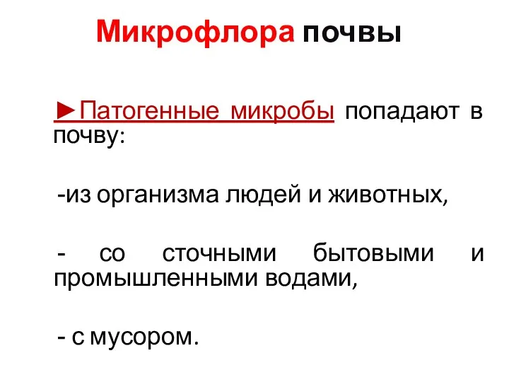 Микрофлора почвы ►Патогенные микробы попадают в почву: из организма людей