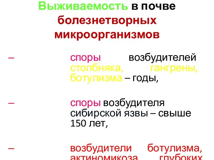 Выживаемость в почве болезнетворных микроорганизмов споры возбудителей столбняка, гангрены, ботулизма – годы, споры