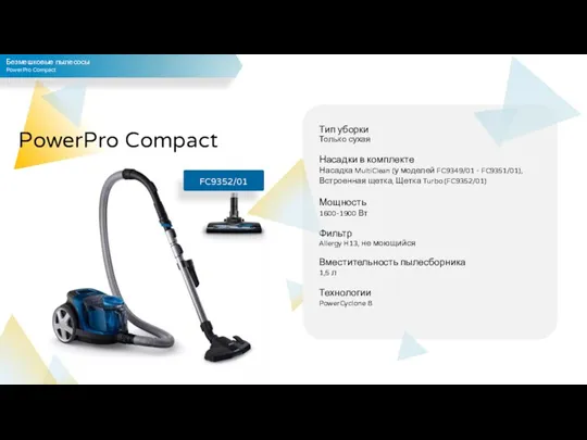 Безмешковые пылесосы PowerPro Compact PowerPro Compact FC9352/01