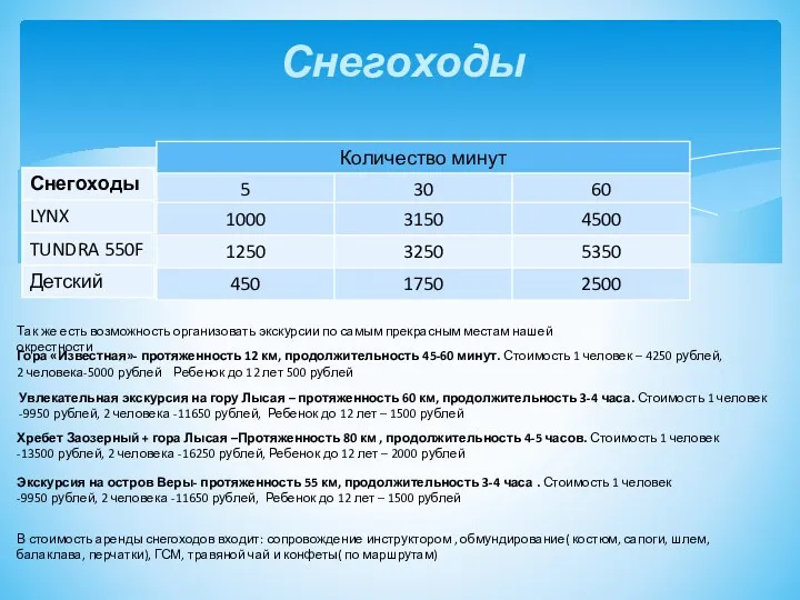 Снегоходы Так же есть возможность организовать экскурсии по самым прекрасным