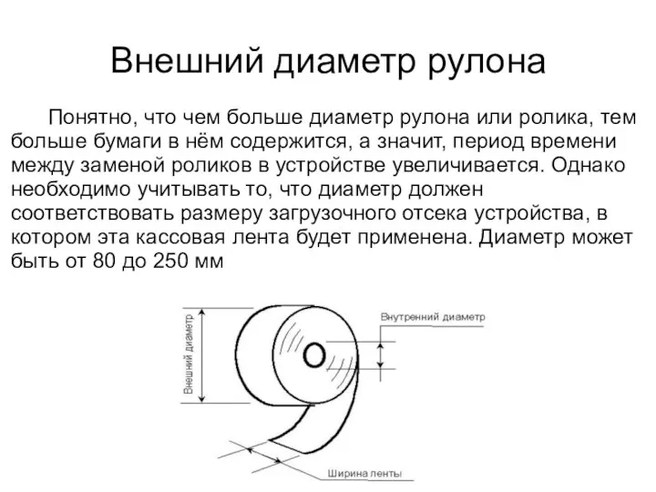 Внешний диаметр рулона Понятно, что чем больше диаметр рулона или ролика, тем больше