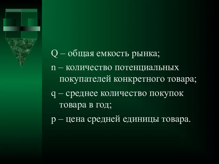 Q – общая емкость рынка; n – количество потенциальных покупателей